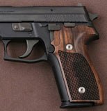 Sig Sauer P229 custom walnut wood grips with dragonskin checkering, designed for improved grip and classic firearm style.