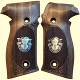 Sig Sauer M11-A1 custom walnut wood grips with silver logo accents for enhanced firearm handling and aesthetic appeal.