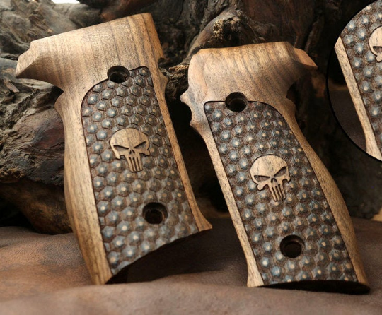 Sig Sauer P226 walnut wood grips with punisher logo encraving.(make your own custom pair of grips). - Bestpistolgrips