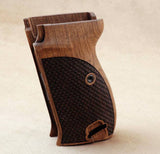 Walther P1 P38 grips made from walnut wood with fishskin scaling, designed for custom pistol grip fitting.